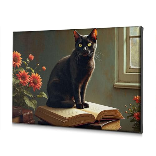 Tableau chat noir sur toile pour raviver un mur blanc terne avec des fleurs