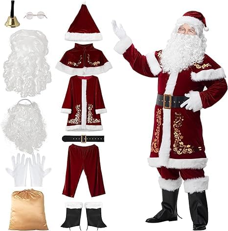 Deluxe Santa Claus Costume for Men, Professional Santa Suit Adults Men, Santa Costume for Men, Adult Santa Outfit, Santa Fancy Suits Outfit, Santa Cosplay Clothes(12pcs)