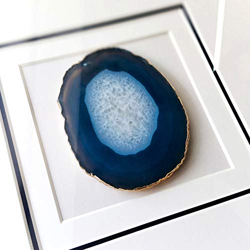 Modern 16X16 Inch Natural Agate Framed Wall Art 4 Inch Gold Edge Geode Stone Artwork With Glass For Living Room Bedroom Home Decor,Blue #TOP7