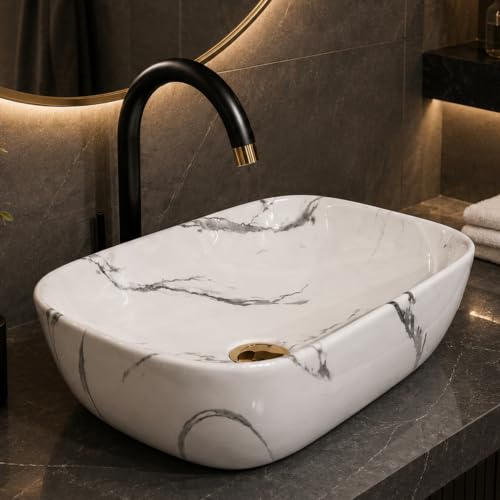 Image of Ceramic Tabletop Wash Basin - Glossy Rectangular Countertop Vessel Sink with Marble Finish for Bathroom & Vanity | Compact 18 x 13 x 5 Inch | Elegant Washbasin