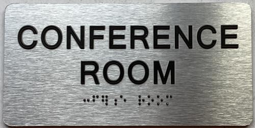 The Park Ave Line Conference Room Sign with Raised Letters/Image & Grade 2 Braille - Brushed Aluminum/Silver, Tactile Sign, 4" W x 8" H - Includes Red Adhesive Pad for Easy Installation