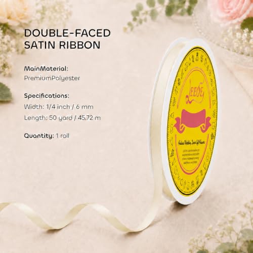 Image of Double Face Cream Satin Ribbon 1 /4 inch X 50 Yards Polyester Cream Ribbon for Gift Wrapping Very Suitable for Weddings Party Hair Bow Invitation Decorations and More