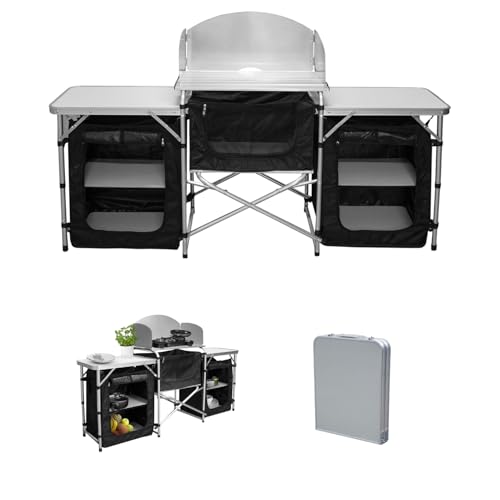 Hebitod Cocina de camping, armario de camping plegable con protección contra salpicaduras, bolsa de transporte, incluye muebles de camping, cocina de camping al aire libre, con estructura de aluminio,