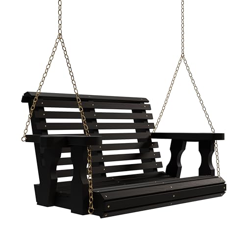 Image of Amish Casual Heavy Duty 700 Lb Capacity Porch Swing (3 Foot, Semi-Solid Black Stain) - Wooden Outdoor Roll Back Swing with Hanging Chains - Amish Made in the USA