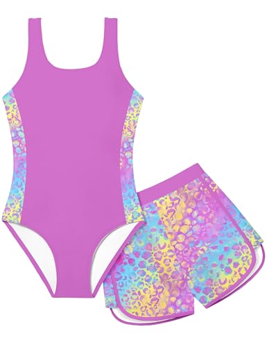 Image of Girls Swimsuit One Piece Swimsuits Color Block Bathing Suit for Girls Adjustable Strap Padded Swimwear with Shorts