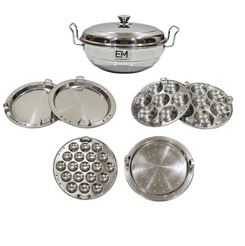 Image of Stainless Steel Multi-Purpose Idli Maker & Steamer for Kitchen | 6 Plates (2 Idli, 2 Dhokla,1 Mini Idli, 1 Steamer) | Induction & Gas Compatible Multi Kadai | Steamer for Momos, Modak & Vegetables | Heavy Bottom SS 304