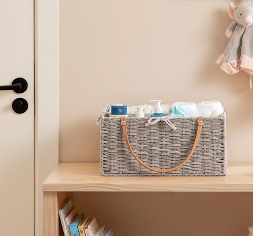 Image of HBlife Large Baby Diaper Caddy Organizer, Paper Rope Storage Baskets Nursery Bin with Removable Divider, Portable Car Organizer for Diapers, Baby Shower Gifts, Newborn Essentials Must Haves