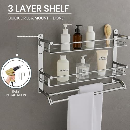 Image of ARQUIN 3 Layer Shelf Bathroom Shelf 5x15x16 Inch | 304 Stainless Steel Stand Wall Mount Multi-Purpose Storage Washroom Storage Organizer Shelf | Bathroom Racks & Shelves Wall Rack for Bathroom
