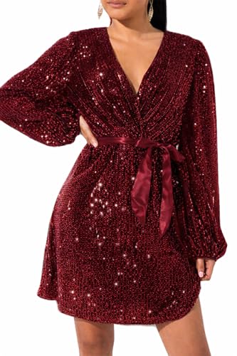 828 - Plus Size Long Sleeves Wrapped V Neck Sequins Skater Style Cocktail Evening Club Dress (Burgundy, 4X)