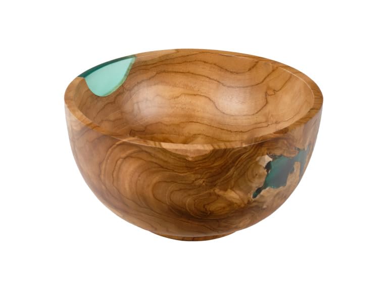 Belhome Saladier rond 28 cm en bois massif de teck et résine bleu - MERLIN
