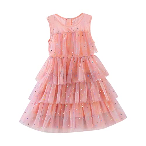Flower Girl Short Sleeve Casual Dress Fashion Girls Tulle Party Dresses Dot Print Skirt Dresses (Pink, 5-6 Years)