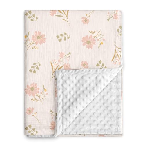 Image of GLLQUEN BABY Blankets for Girls, Soft Muslin Cotton Front Dotted Fleece Backing, Nursery Minky Crib Blanket for Infant Toddler, 30 x 40 inches Throw Blanket, Pink Floral