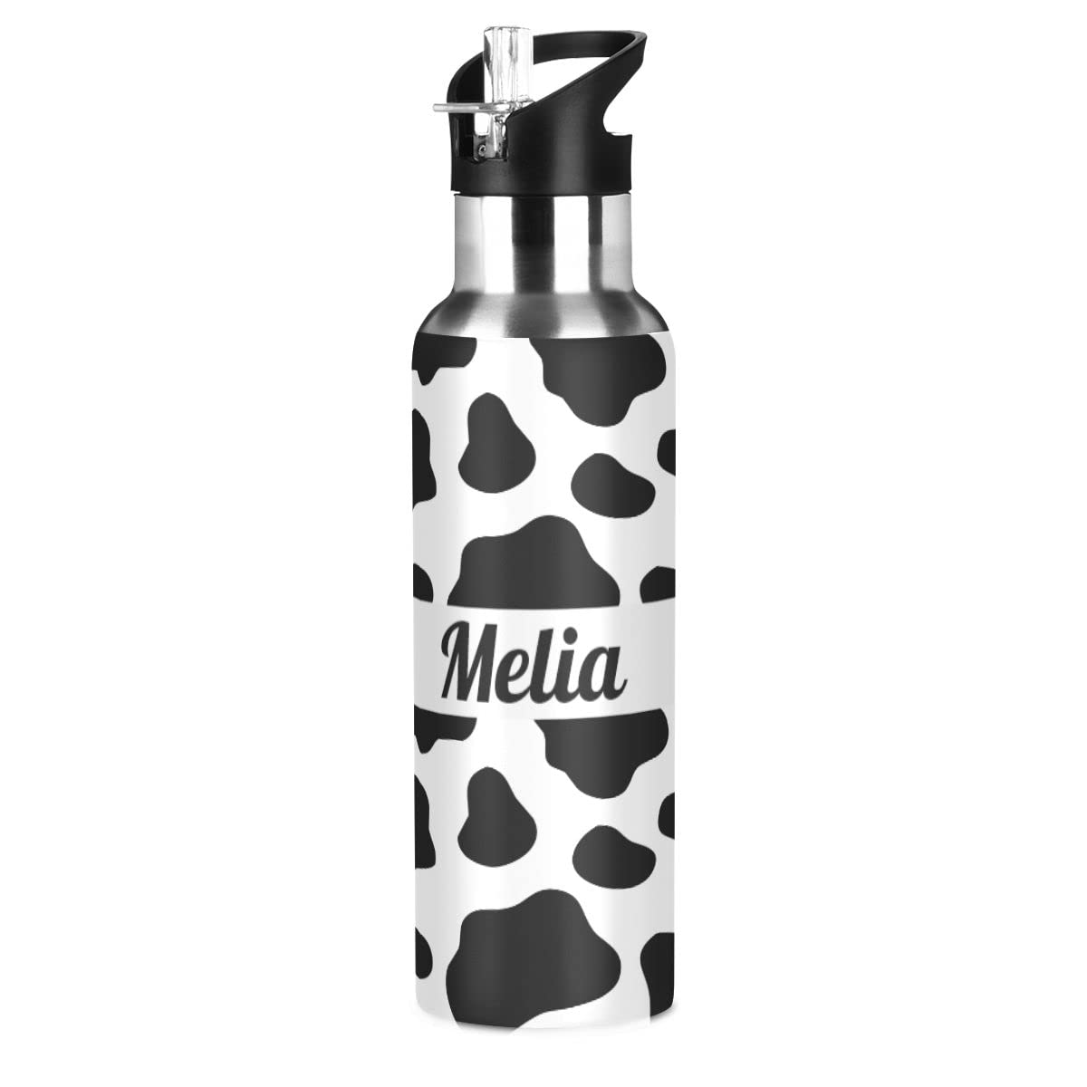 Custom Water Bottle Black and White Cow Print Stainless Steel Vacuum with Name Personalized Name Insulated Sport Bottle with Wide Handle — image 1
