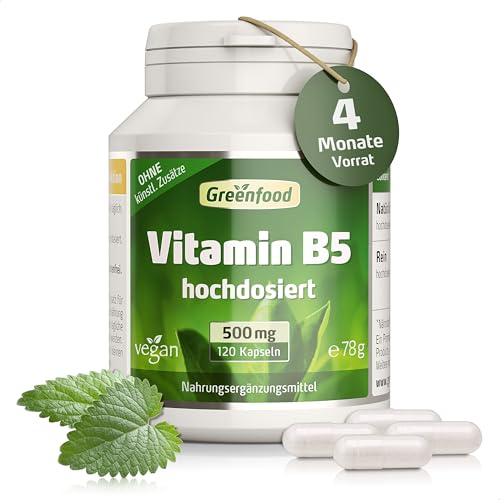 Vitamin B5, extra hochdosiert, 500mg - 120 Kapseln, vegan. Pantothensäure - unterstützt die...