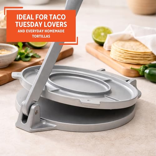 Image of IMUSA 8in Cast Aluminum Tortilla Press, Lightweight Dough Press for Tortillas, Arepas, Empanadas, Roti and Flatbreads, Easy Lever Design, Gray