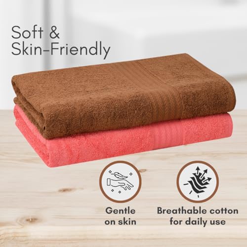 Image of Mafatlal Joy Bath Towel Combo - Pack of 2 | 58 x 29 inch Large Size | Soft & Quick Dry | 450 GSM | Bronze N Pink | Towels for Bath Large Size Combo