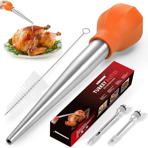 SCHVUBENR Large Turkey Baster with Cleaning Brush & Needle - Stainless Steel Baster Tool for Cooking - Easy to Use and Clean - Heavy Duty Baster Syringe - Flavor Meat Poultry, Beef, Chicken(Red)