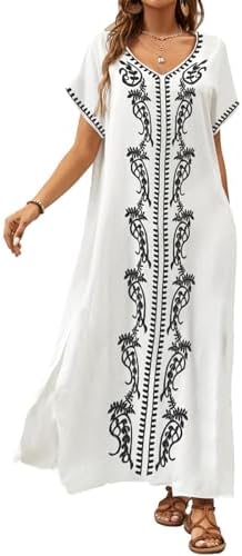 Bsubseach Women Embroidery Short Sleeve Bikini Swimsuit Cover Up Side Split Beach Kaftan Dress