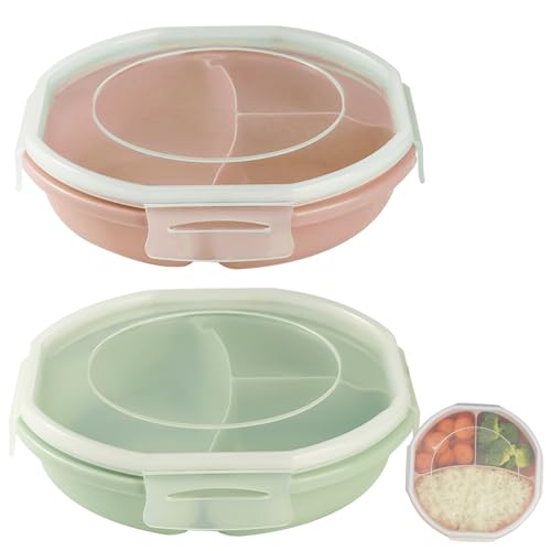 GOMETY 2 Pièces Assiettes Micro-ondes avec Couvercle, Boîte Repas Bento Compartimentée 3 Compartiments, Hermétique, Sans BPA, Vaisselle Micro-ondes pour...