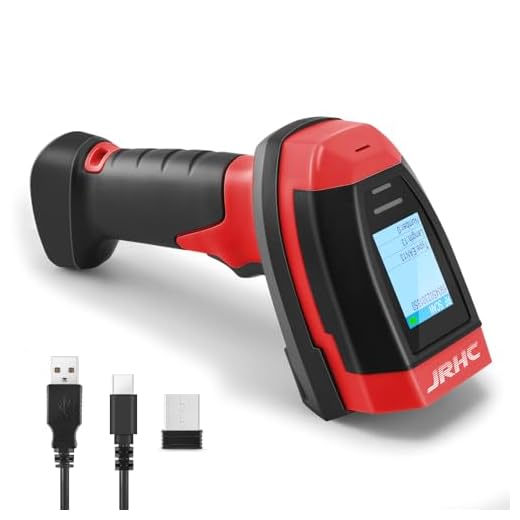 JRHC Barcode Scanner Wireless, 1D CCD Automatic Bar Code Scanner with Display Screen, Rechargeable Handhold Barcode Reader with 2.4G Receiver & USB Wired Plug and Play (Red)