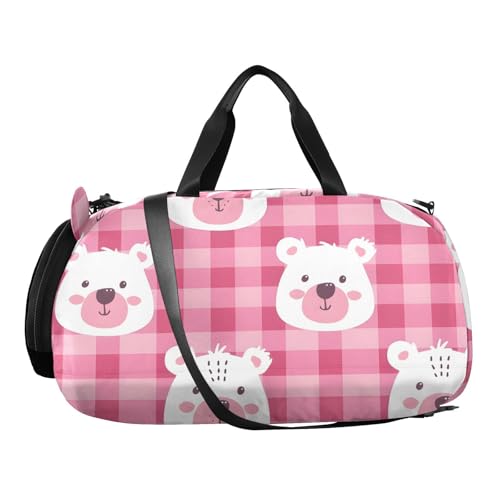 Duffle Bag Kids Gym Bag with Shoes Compartment & Wet Separation Overnight Travel Duffel Bag Pink Checkered with A Bear's Face for Girl Boy2