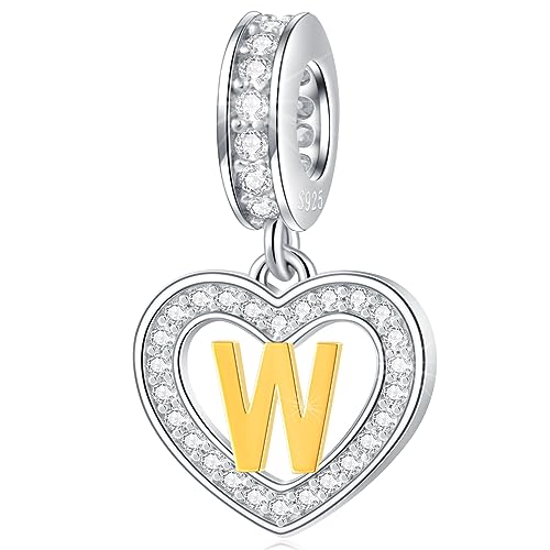 Image of GLOWDAS 18K Gold Plated Letter Charms Initial A to Z Necklace Pendant, 925 Sterling Silver CZ Heart Dangle Alphabet Beads fit European DIY Bracelet, Gifts for Valentiens /Christmas /Family