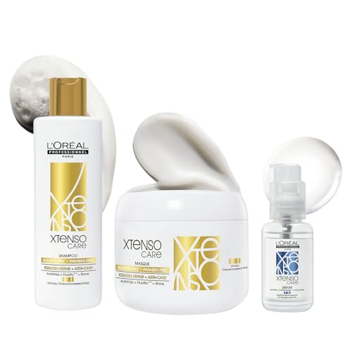 Image of L'Oreal Professionnel Xtenso Sulfate-Free Shampoo 250ml, Hair Mask 200ml & Leave-in serum 50ml | For unruly, over-processed, straightened hair | Provides smoothness and shine | Pro-Keratin & Asta Care