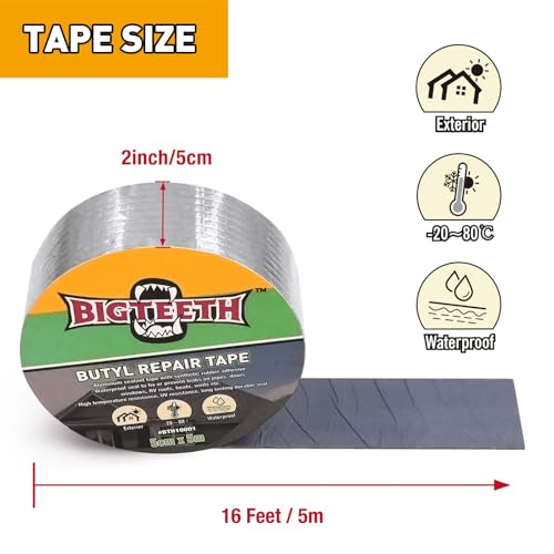 Image of BIGTEETH Aluminum Butyl Waterproof Tape 2 inch x 16 feet | Aluminum Foil Repair Tape for Pipes, Doors, Windows, RV Roofs, Boats, Vents, etc