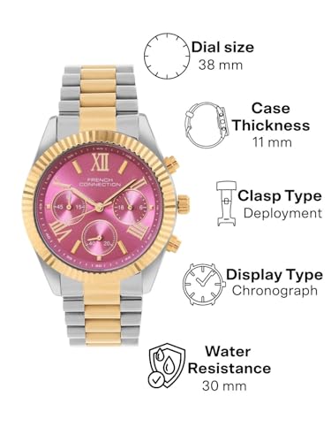 Image of French Connection Chronograph Pink Round Dial Stainless Steel Strap Casual Premium Sunray Feature Wrist Watch for Women - FCM06TM