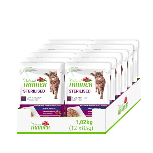 Natural Trainer Sterilised Cibo Umido per Gatti Adulti con Anatra, 12 Buste x 85 gr, 1020 gr