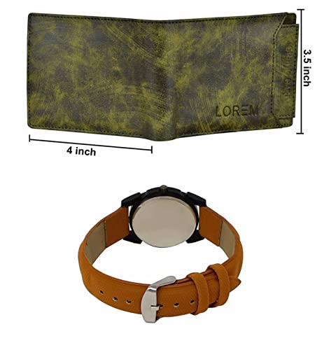 Image of LOREM Green Color Faux Leather Wallet & Black Analog Watch Combo for Men & Women | WL27-LR235