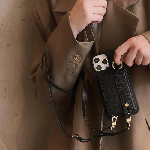 Étui en cuir pour iPhone 12 et 14 avec porte-cartes chic et dragonne