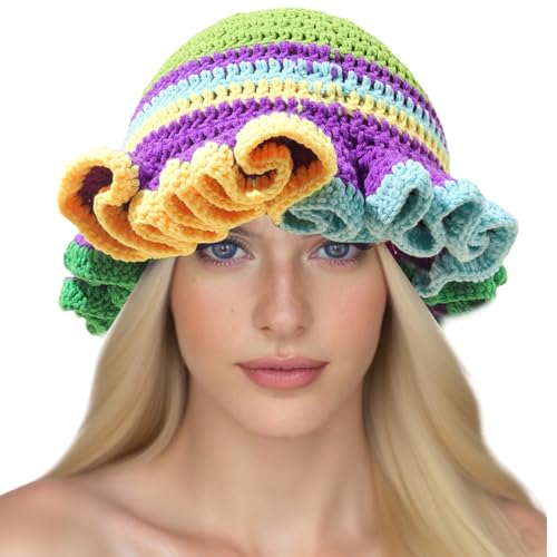 Image of Women Crochet Bucket Hat Cute Winter Ruffled Brim Floppy Cap Handmade Knit Cloche Hats