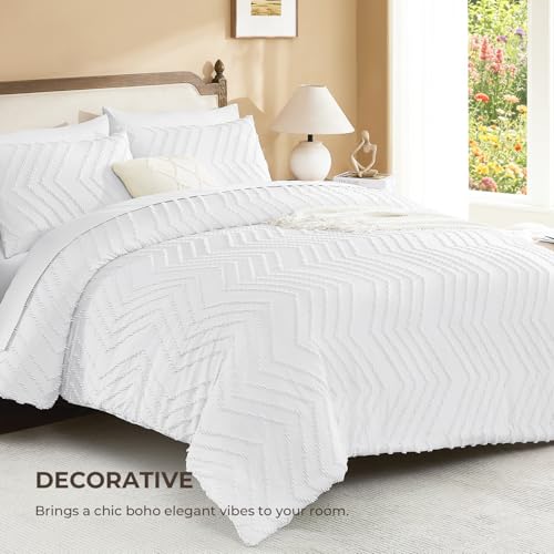 Image of Litanika White Comforter Full Size Set with Sheets - 7 Pieces Boho Bed in a Bag Chevron Tufted Complete Bedding Sets Lightweight All Season Bed Set with Comforter, Sheets, Pillowcases & Shams