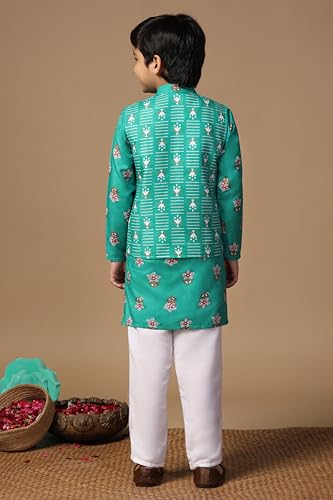 Image of Fashion Dream Boy's Cotton Blend Printed Kurta Pyjama And Jacket Set|Kurta And Payjama Set