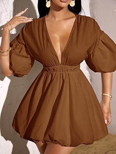 WDIRARA Women's Deep V Neck Puff Sleeve High Rise Flare Dress Elastic Waist Dress4