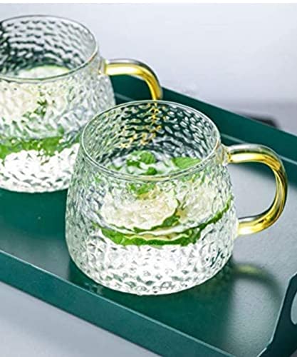 Image of VILON Golden Handle Glass Tea and Coffee Mug - 410ml Clear Cups - Elegant Borosilicate Glass - Microwave Safe - Ideal for Tea, Coffee, Milk, Juice | 410ml | Set of 6 (Gold Teacup 6)
