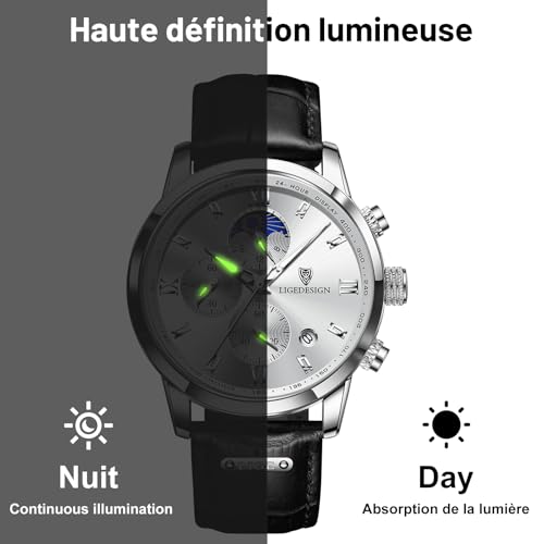 LIGE Reloj Hombre Impermeable 30M Cuarzo Cronógrafo Reloj Elegante Negocios Vestir Mira, Esfera Acero Inoxidable, Brillante Clásico Plata Relojes Negro Pulsera, Regalo para Hombres, negro plateado, - Imagen 5