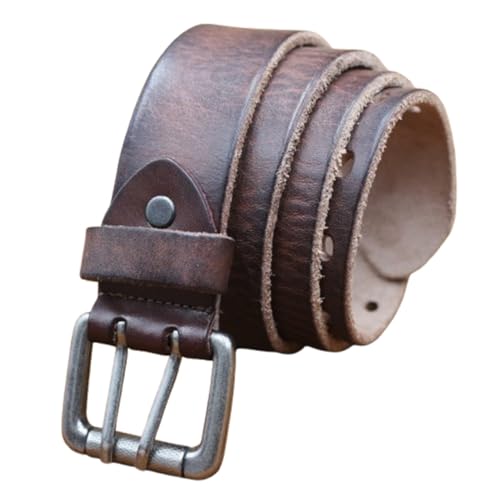 Men's Double Prong Distressed Vintage Leather Belt Casual Work Heavy Duty Double Grommet Holes Waist Strap for Jeans
