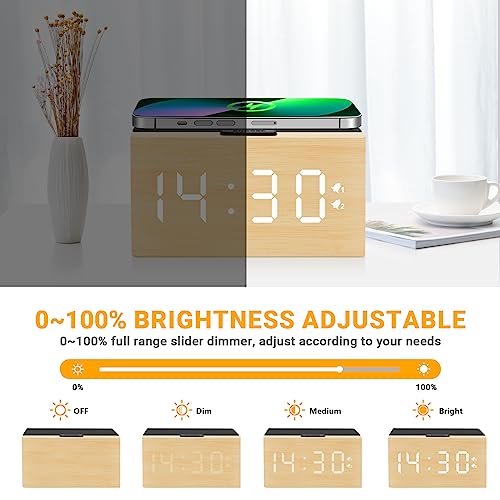Bebcoo Wooden Digital Alarm Clock With Wireless Charging, Dual Alarms, Mirror Surface, Snooze, 0-100% Dimmer, Wood Made Led Clocks For Desk, Bedroom, Bedside, Office (Bamboo)… #TOP3