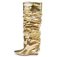 Yishaweiqi Metallic Slouched Ruched Fold Over Boots for Women Covered Wedge Heel Knee High Boots Wide Calf Pointed Toe Casual Boots