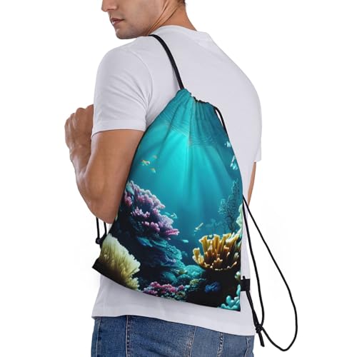 Underwater Scenery Print Drawstring Backpack,210d Polyester Gym Sack,For Sports,Travel And Fitness3
