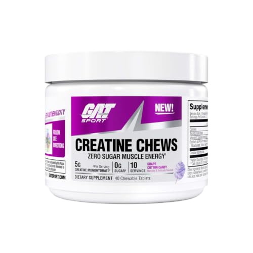 Image of GAT SPORT CREATINE Chews, Grape Cotton Candy, 40 Tablets (10 Servings) | Sugar-Free Chewable Creatine Tablets for Muscle Growth, Muscle Size & Overall Lean Muscle Mass Support*