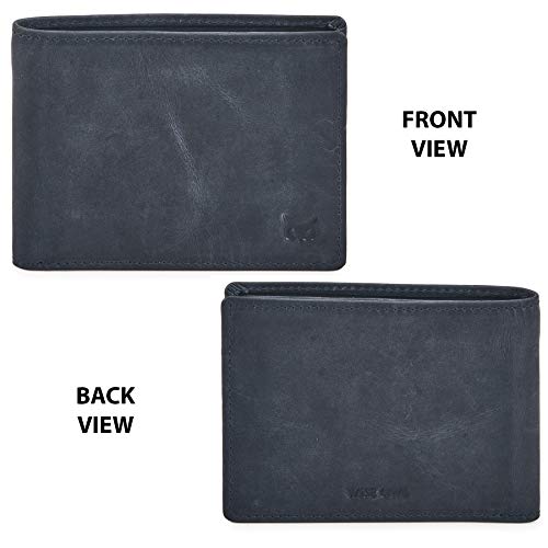 Image of Real Leather Mens Bifold Wallet RFID Blocking Slim Minimalist Front Pocket - Thin & Stylish with ID Window in Gift Box, Crazy Horse Navy, 4 inch x 3.25 inch x 0.75 inch, Minimalist