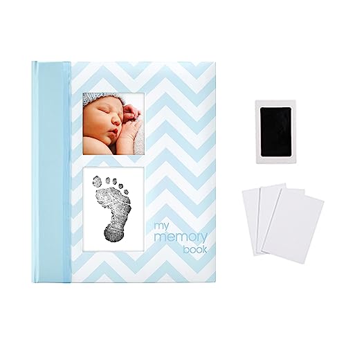 Image of Pearhead First 5 Years Chevron Baby Memory Book with Clean-Touch Baby Safe Ink Pad to Make Baby's Handprint or Footprint Included, Newborn Milestone and Pregnancy Journal, Blue