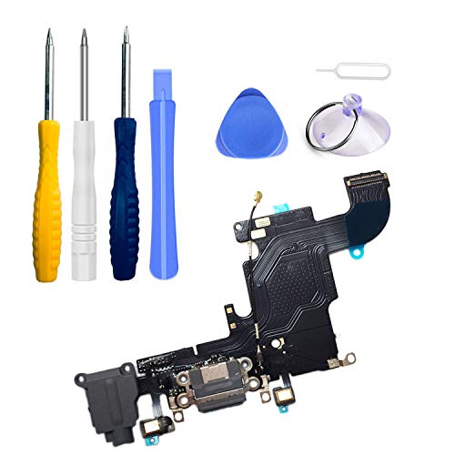 LTZGO Repuesto Conector Dock de Carga para iPhone 6S Negro USB Data Charging Port Dock de repeusto con Cable Flex, Altavoz, Antena, Micrófono y Conexión Assembly Kit de herramientas con destornillador