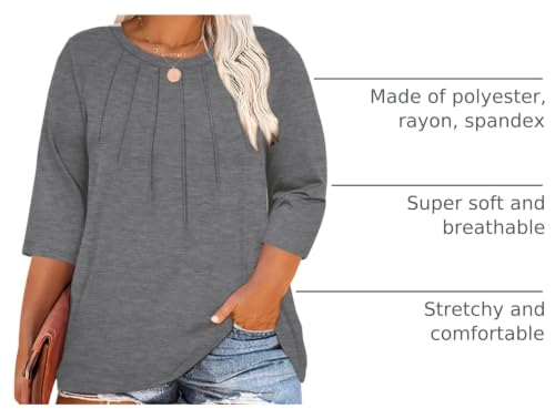 Image of Chulianyouhuo Womens Plus Size Tops 3 /4 Sleeve Casual T Shirts | Crew Neck, Pleated Blouse Tee, Dressy Casual Shirts, Loose Fit Tunic Tops, Soft Fabric, Going Out Outfits