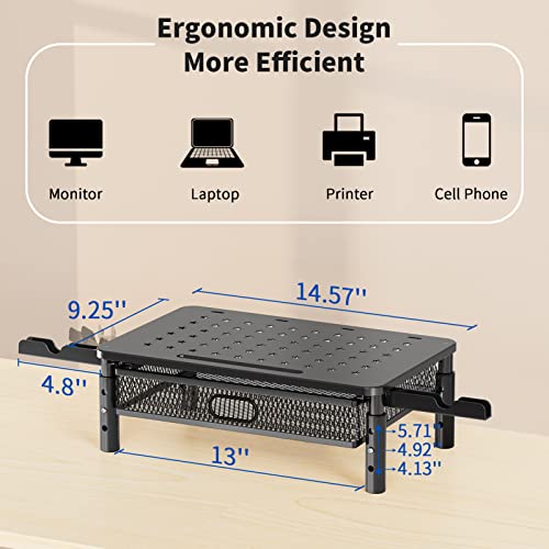 Zimilar-Monitor-Stand-Riser-with-Metal-Mesh-Drawer-Height-Adjustable-Monitor-Riser-with-Phone-Holder-for-Computer-Laptop-Printer-Notebook-Premium-Metal-Computer-Monitor-Stand-with-Storage