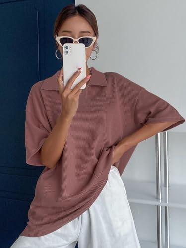 Image of Zilcon Womens Half Sleeve Oversized Tshirt for Woman Trendy Casual V Neck Summer Collared Preppy Tops Fashion Loose Fitted Western Tops for Women Stylish