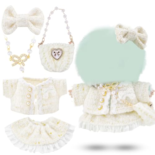 KASTWAVE 17cm Doll Clothes for Labubu White Outfit Set Includes Top Skirt Bow Hair Clip Pearl Necklace & Knitted Handbag Plush Doll Accessories